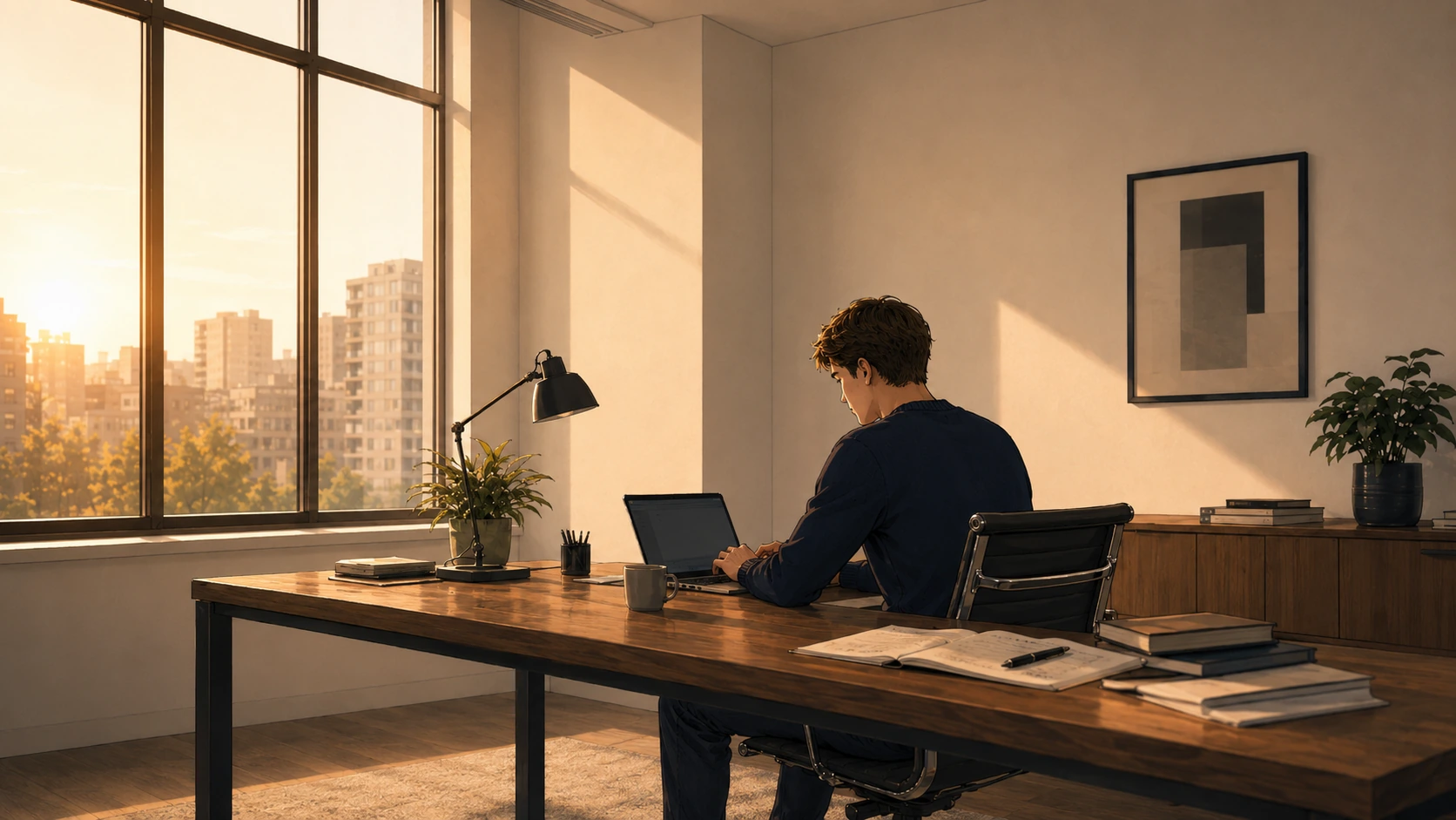 Person seated at a desk deeply focused on work, foot slightly raised showing natural micro-movement while sitting