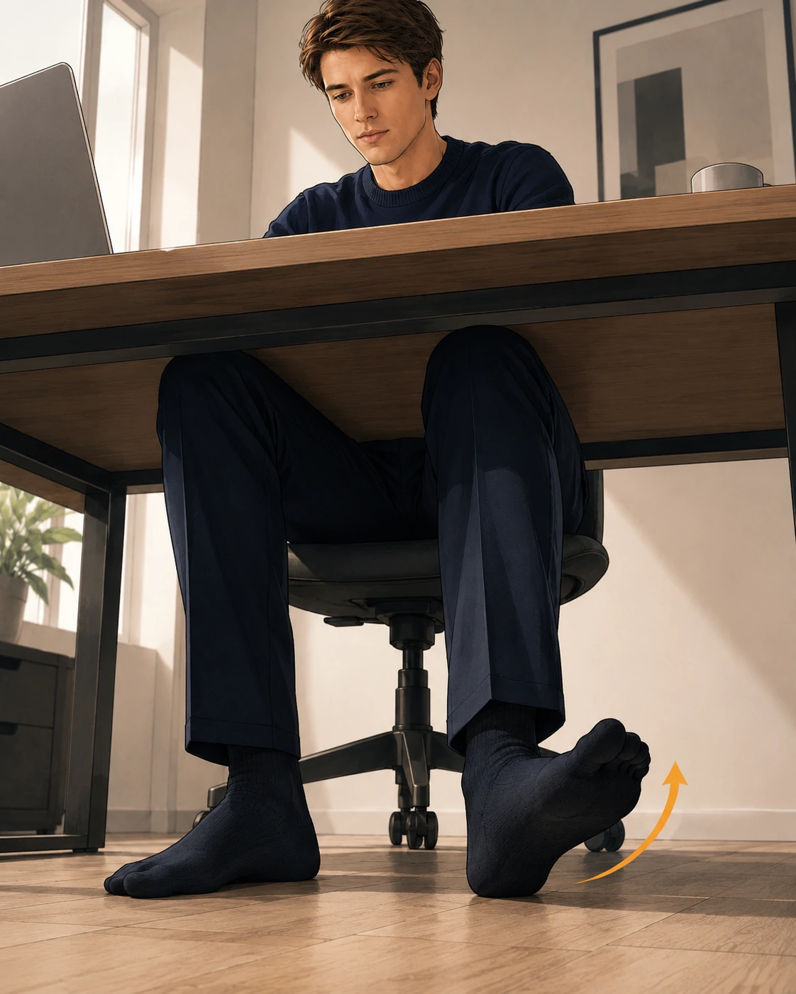 Person performing a seated soleus push-up at their desk, heel grounded with front of foot raised showing the movement