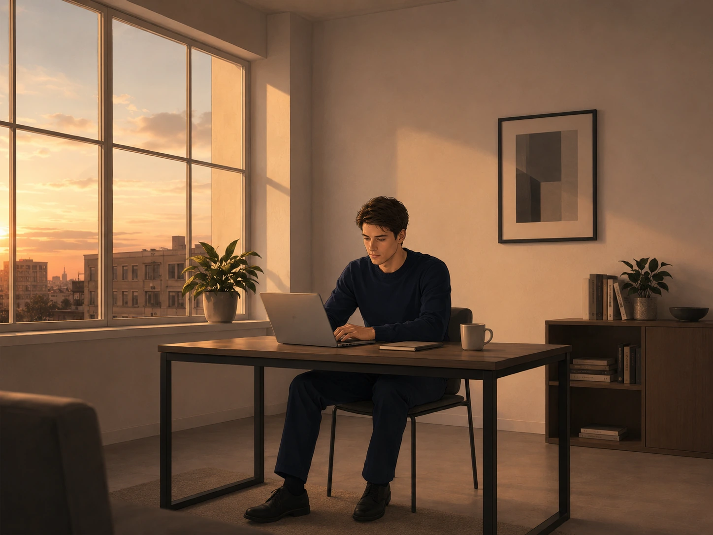 Calm desk scene with person sitting naturally at their workspace, conveying quiet control and ease