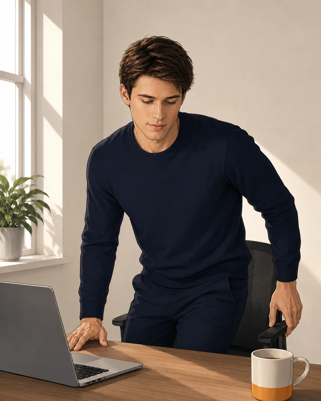person standing up from a desk chair without a timer — the direction matters more than the exact number