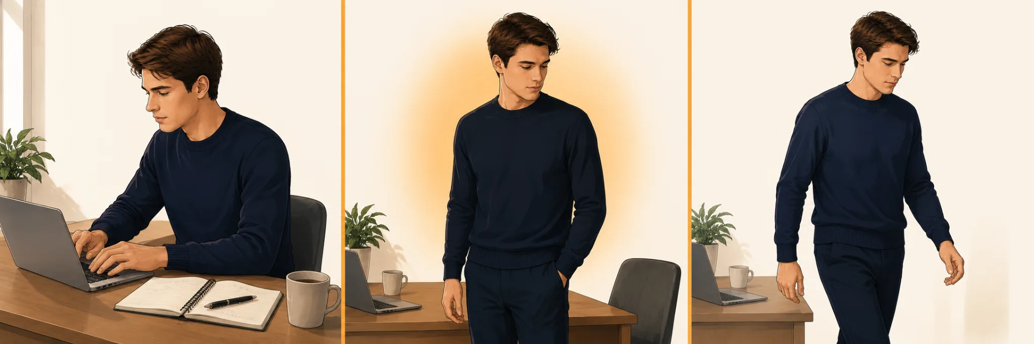 a normal workday shown as three equal moments — sitting, standing, walking — a pattern not a verdict