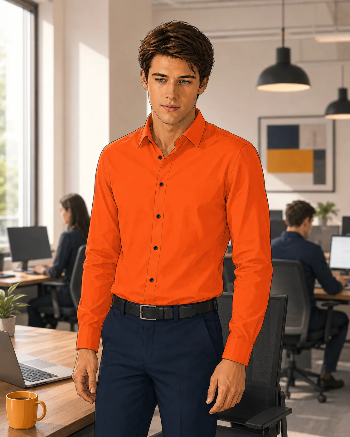 office worker in formal clothes doing a discreet stand-and-stack reset beside a desk in a shared office