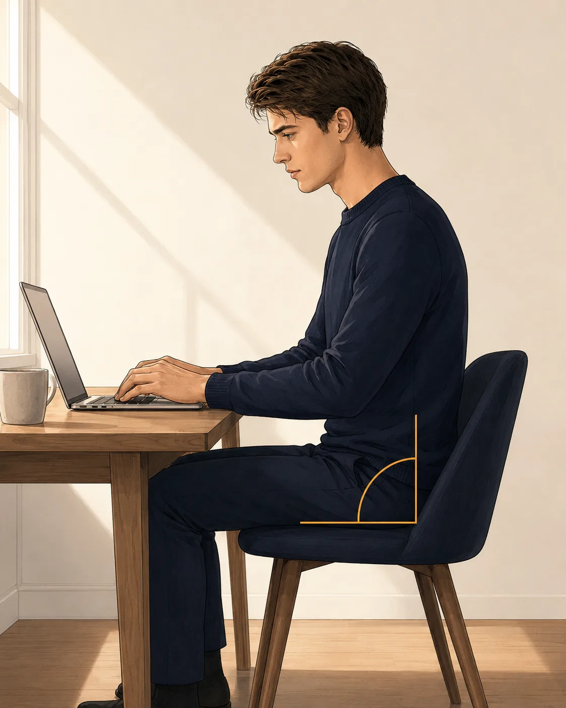 Illustration showing the hip flexor region in a person seated at a desk, with the front of the hip highlighted in warm color to indicate the area of focus