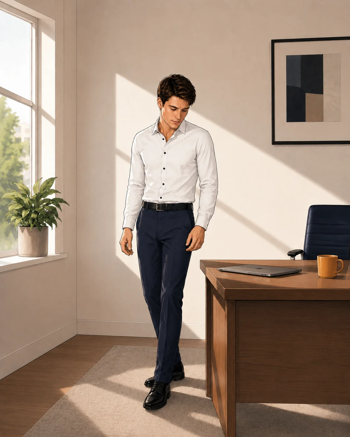 busy desk worker taking a short exercise snack beside a desk, no gym clothes