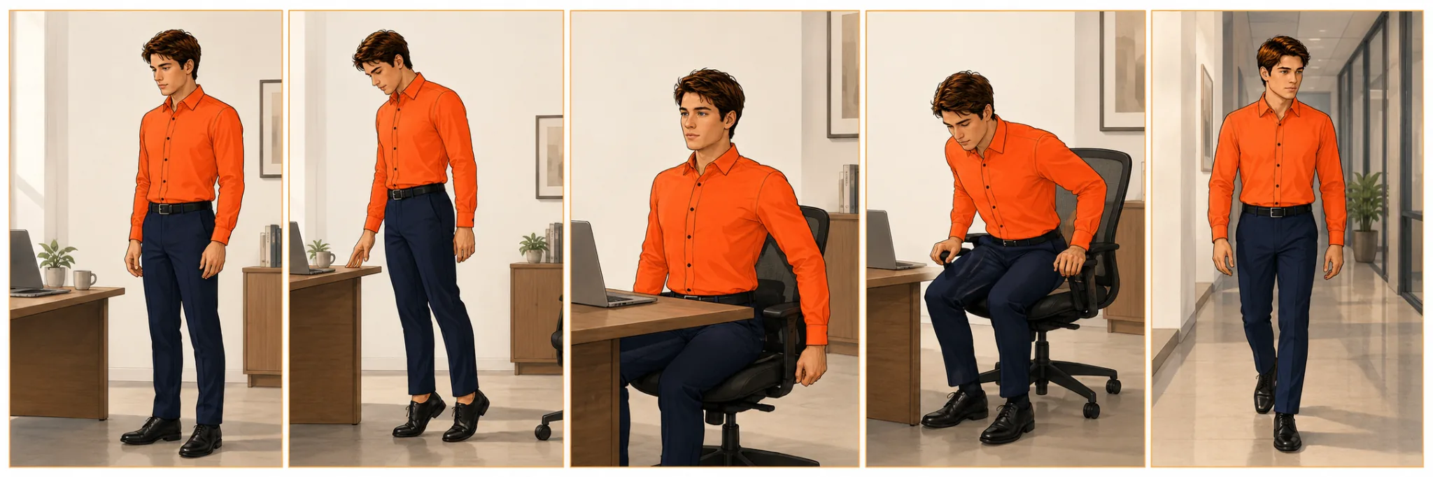 five small office-friendly movements shown discreetly at a desk