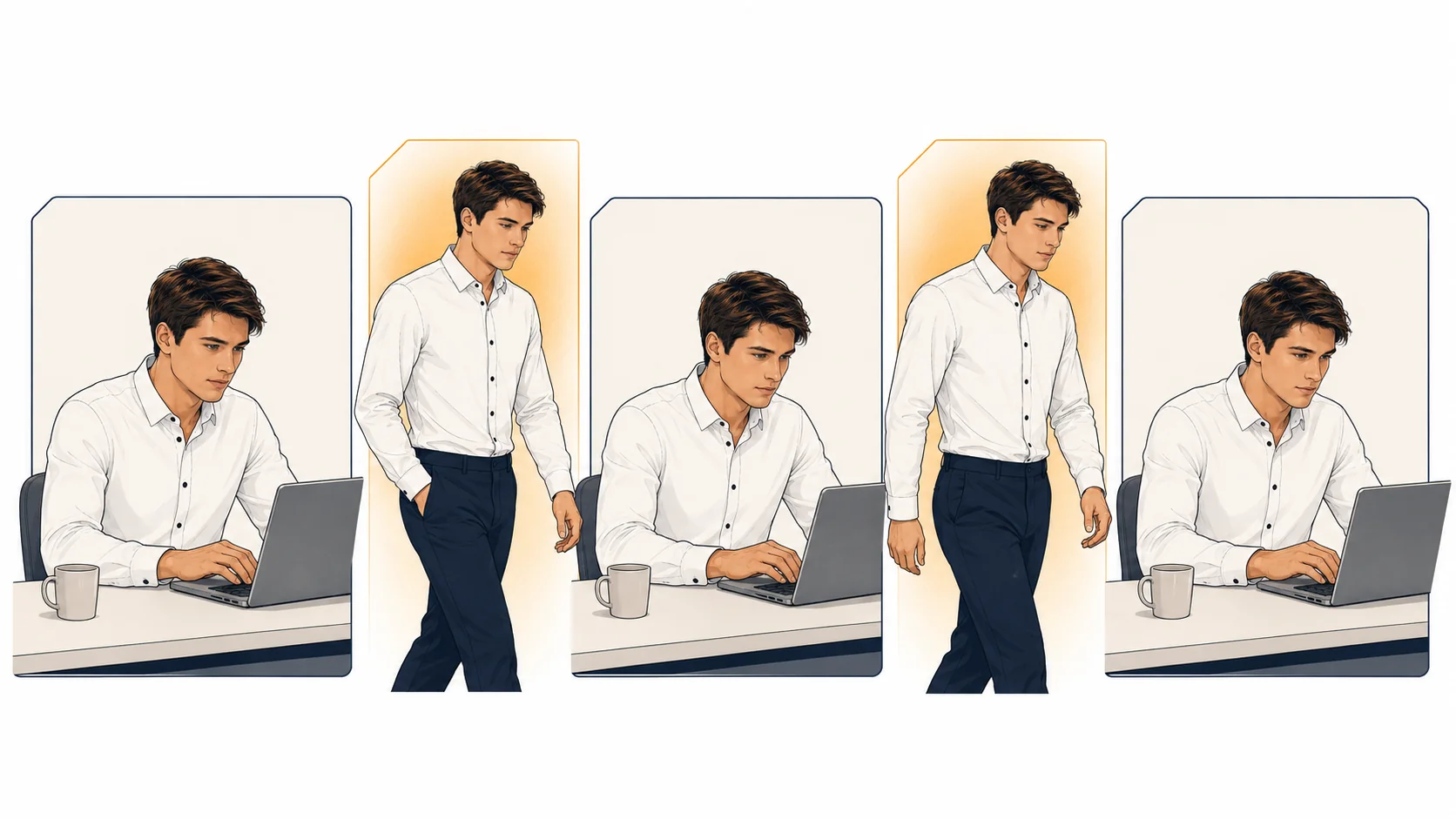 workday timeline showing short movement bouts between sitting blocks