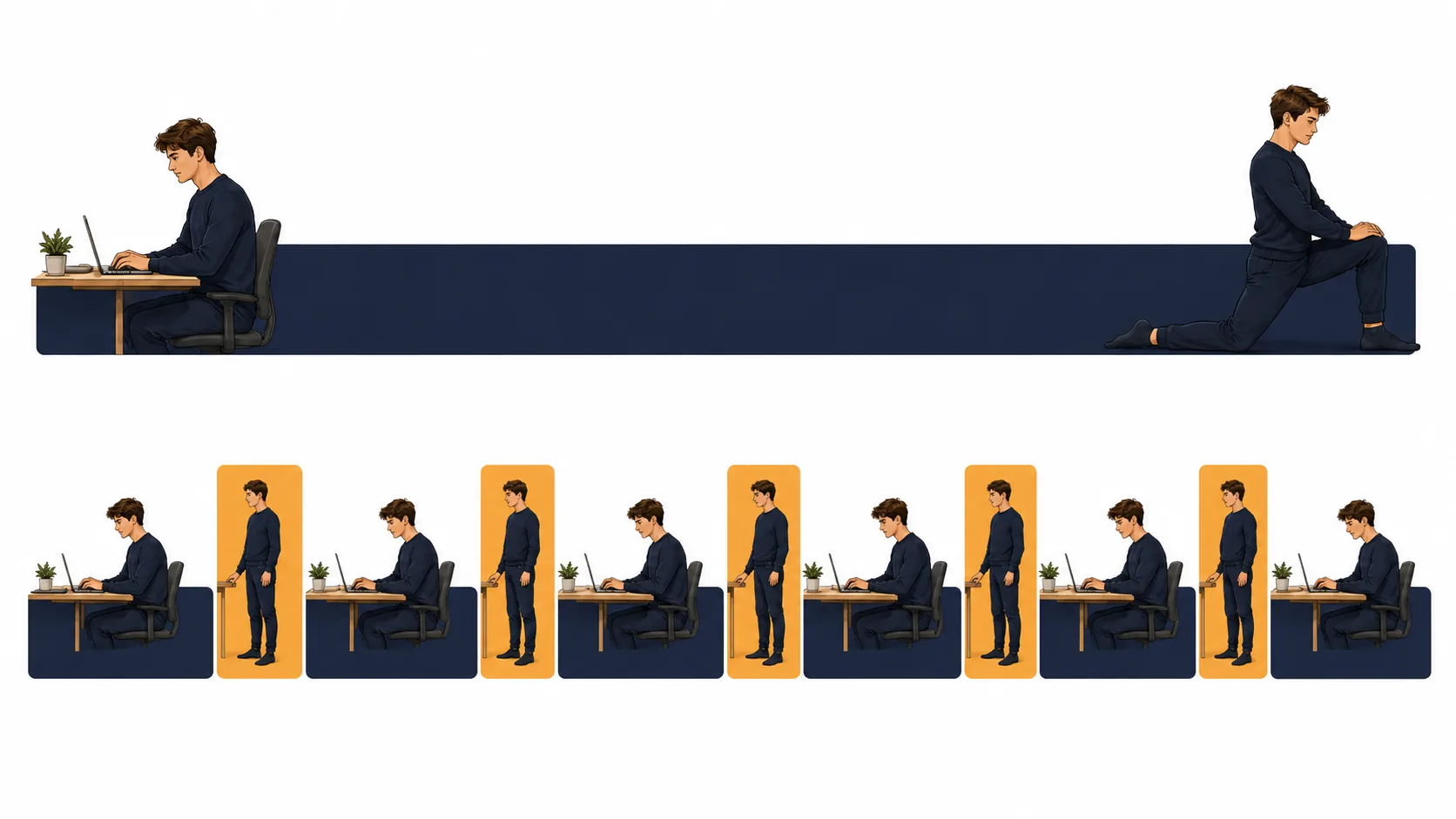 Side-by-side illustration comparing hip flexor position during prolonged sitting versus standing, showing the shortened versus lengthened state of the muscle