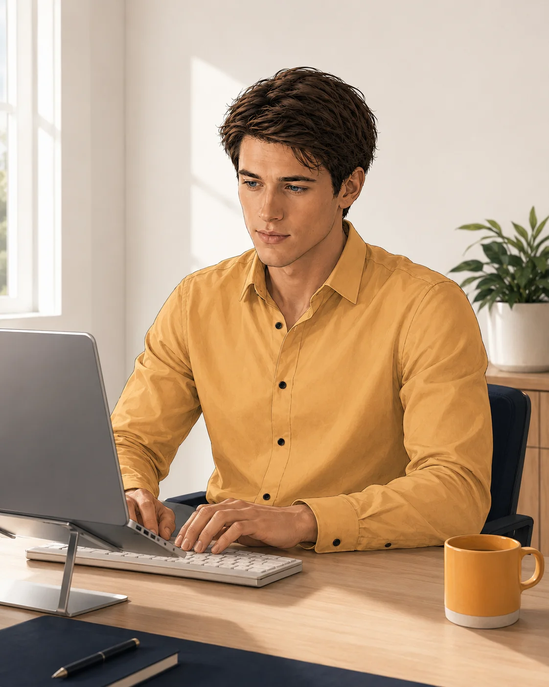 clean ergonomic workstation with monitor near eye level and relaxed shoulders