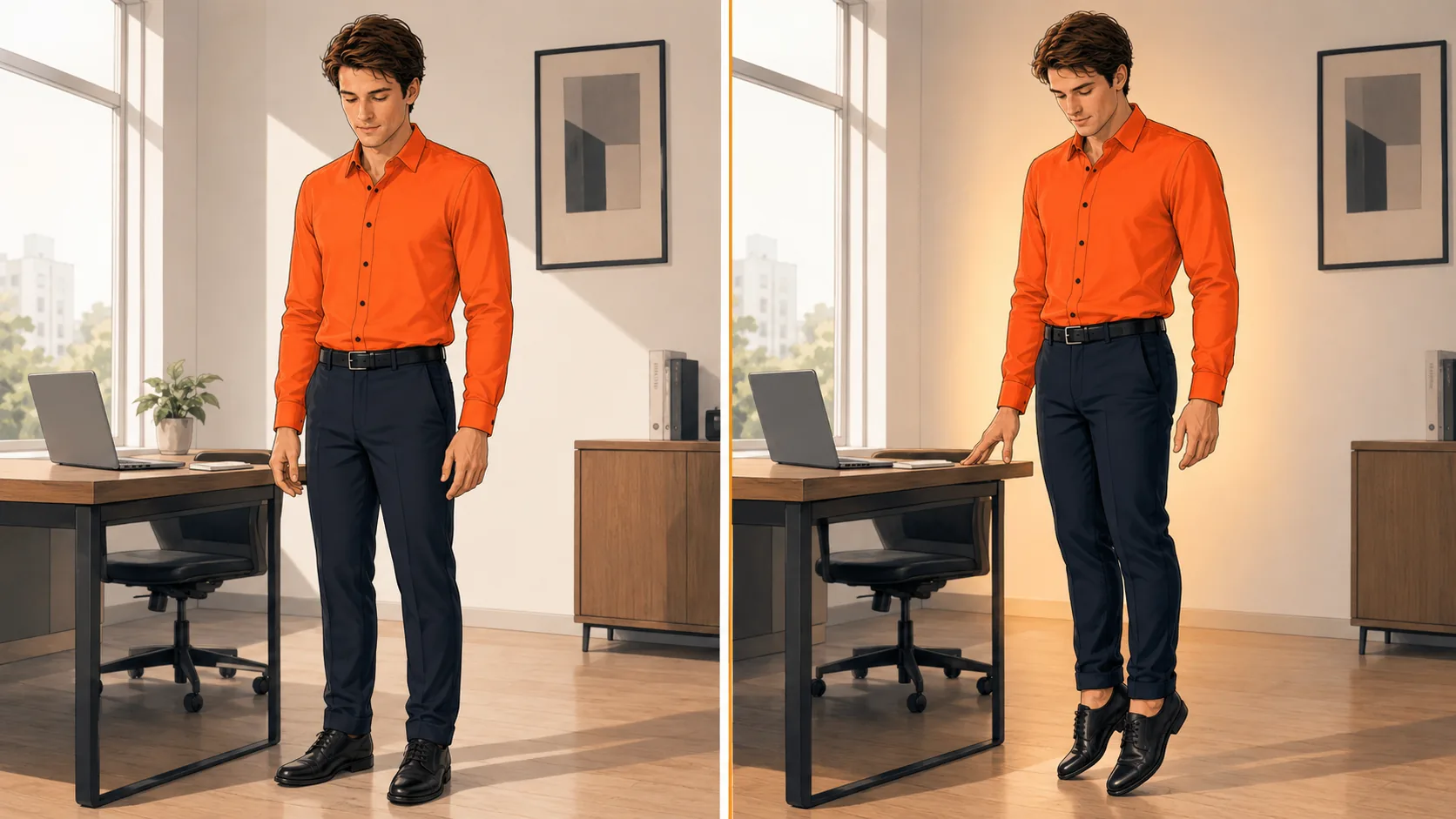 a person standing tall beside a chair taking a quiet reset between tasks