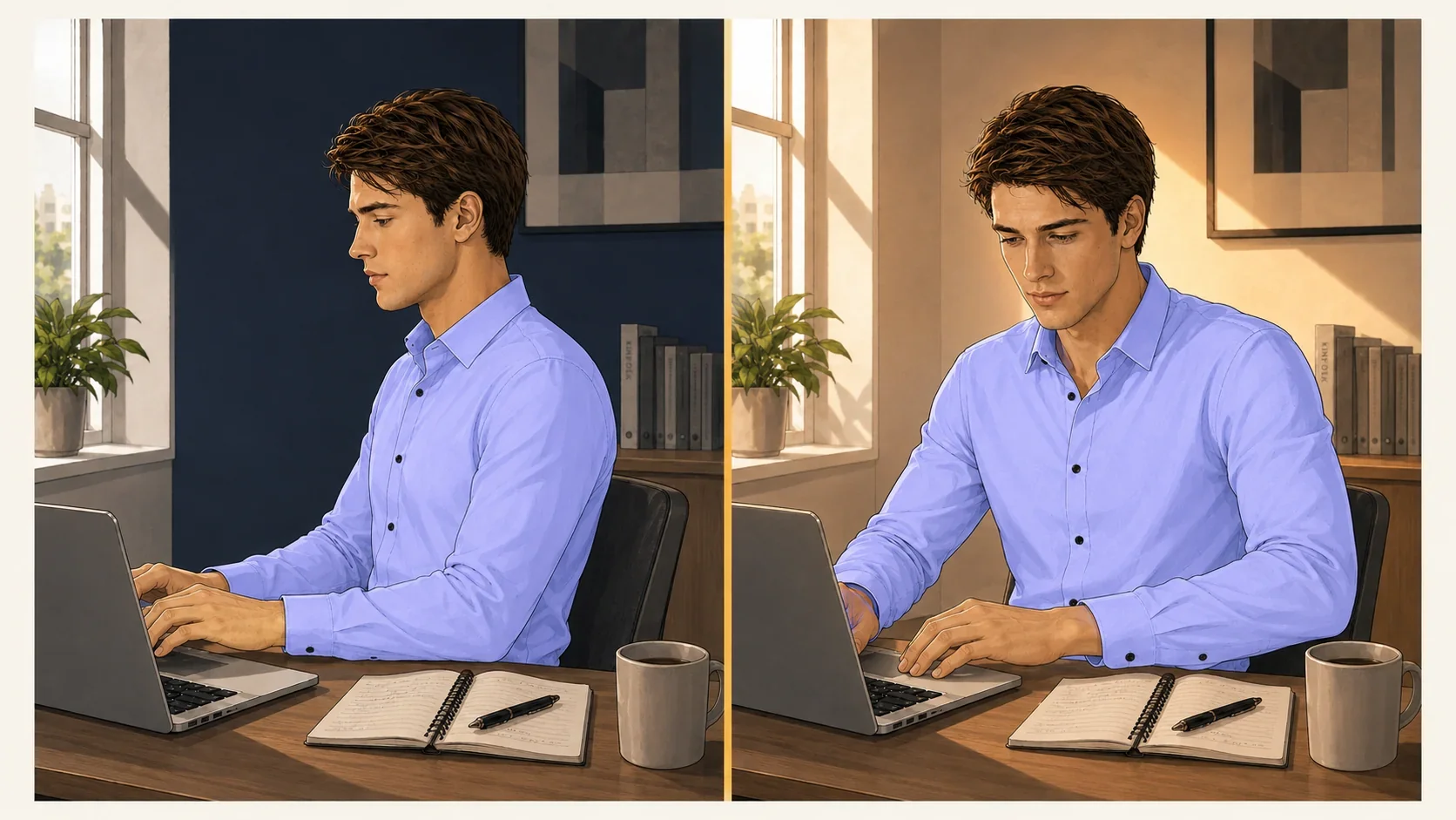 five steps of a two-minute chair reset: stand, stack, open hips, walk, sit differently