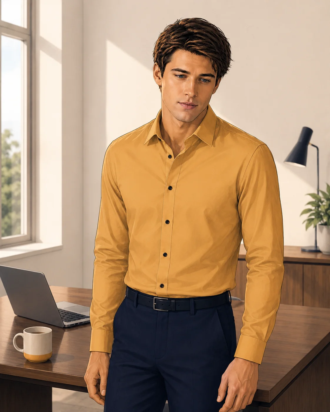 desk worker standing beside a workstation taking a calm movement break