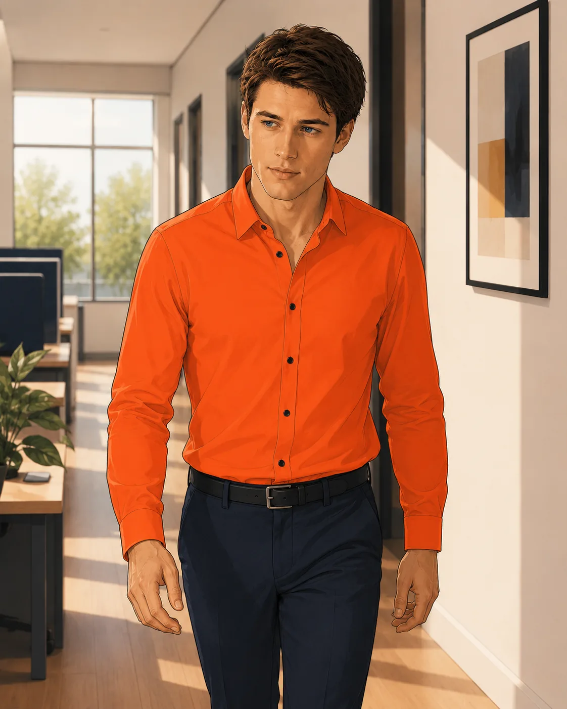 desk worker walking quietly through an office hallway during a natural movement break