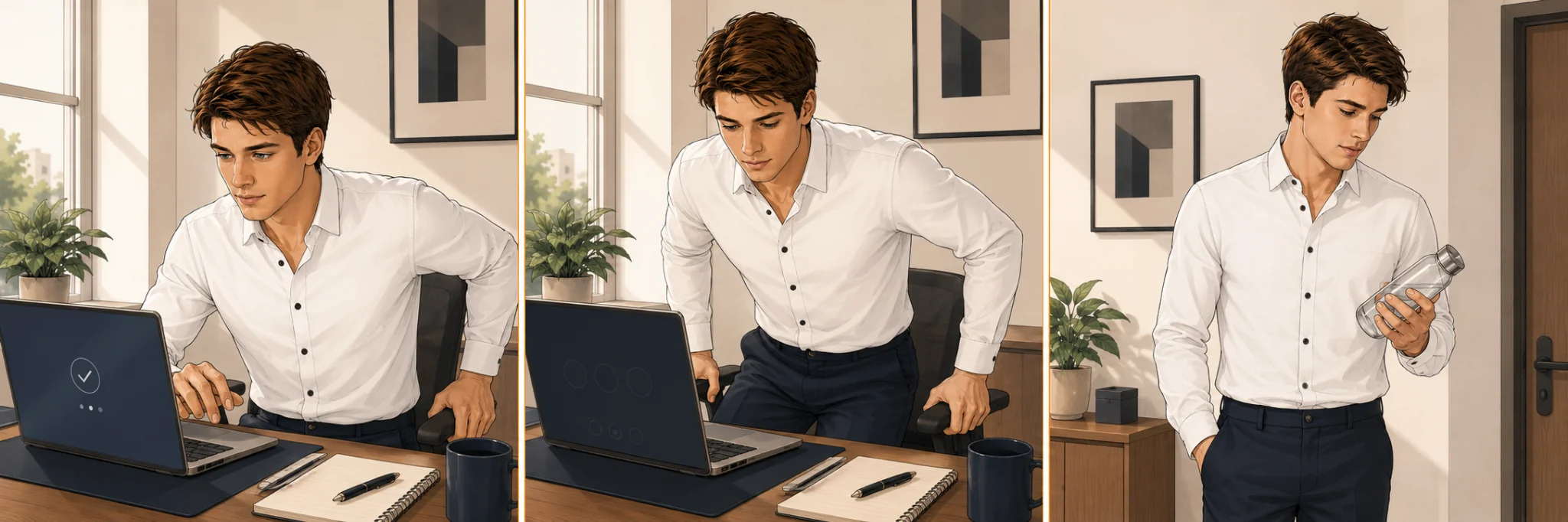 desk worker who has just stood up from the chair — a deliberate pause that interrupts the sitting block