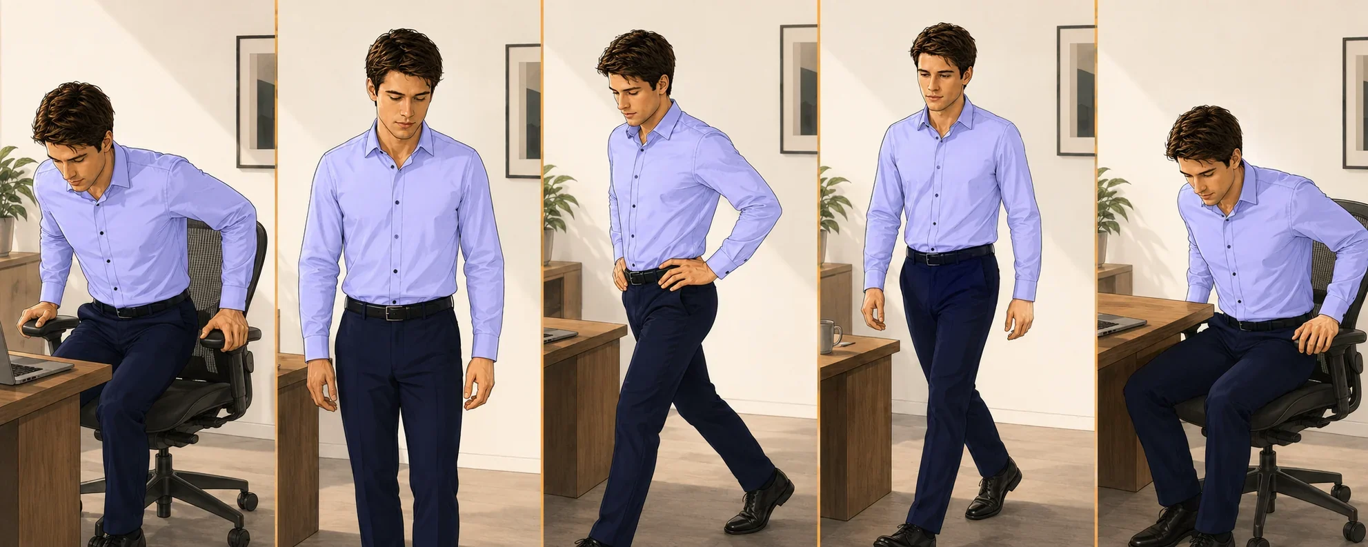 desk worker standing beside a workstation with chair pushed back, choosing to move before pain forces it