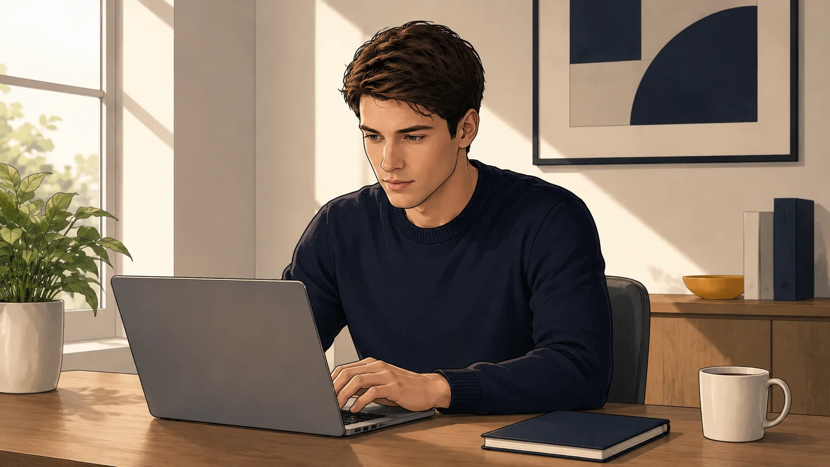 Office worker sitting at a modern desk focused on his laptop during a long uninterrupted work session