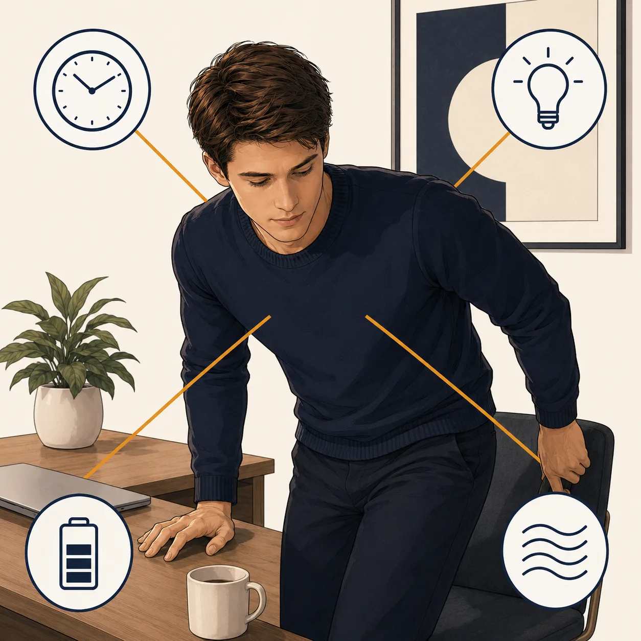 Diagram showing a person rising from a desk chair with four icons representing the benefits of movement breaks — time, alertness, energy, and circulation