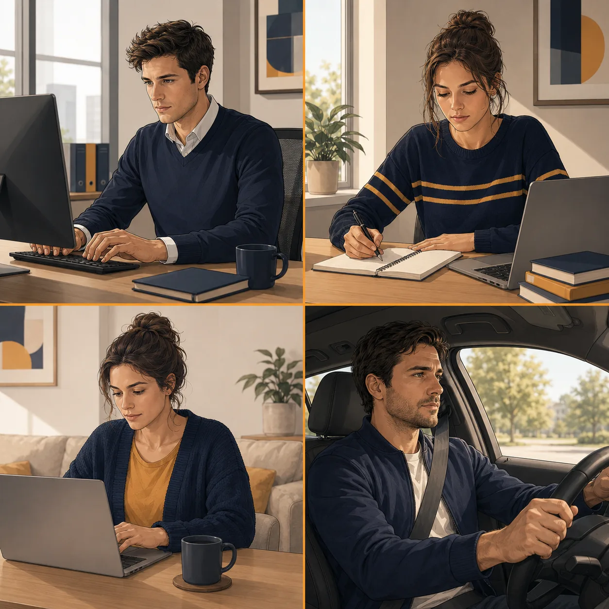 Four people in different sitting contexts — office worker, student, remote worker, and driver — all engaged in their own work