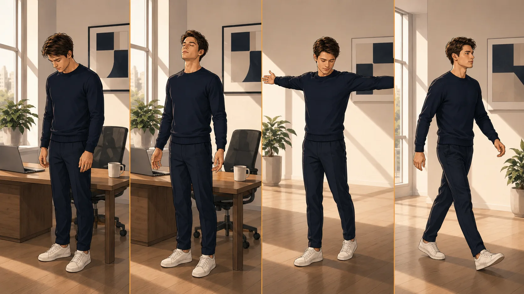 Four-step movement break sequence showing a person standing up, breathing, stretching arms open, and walking briefly